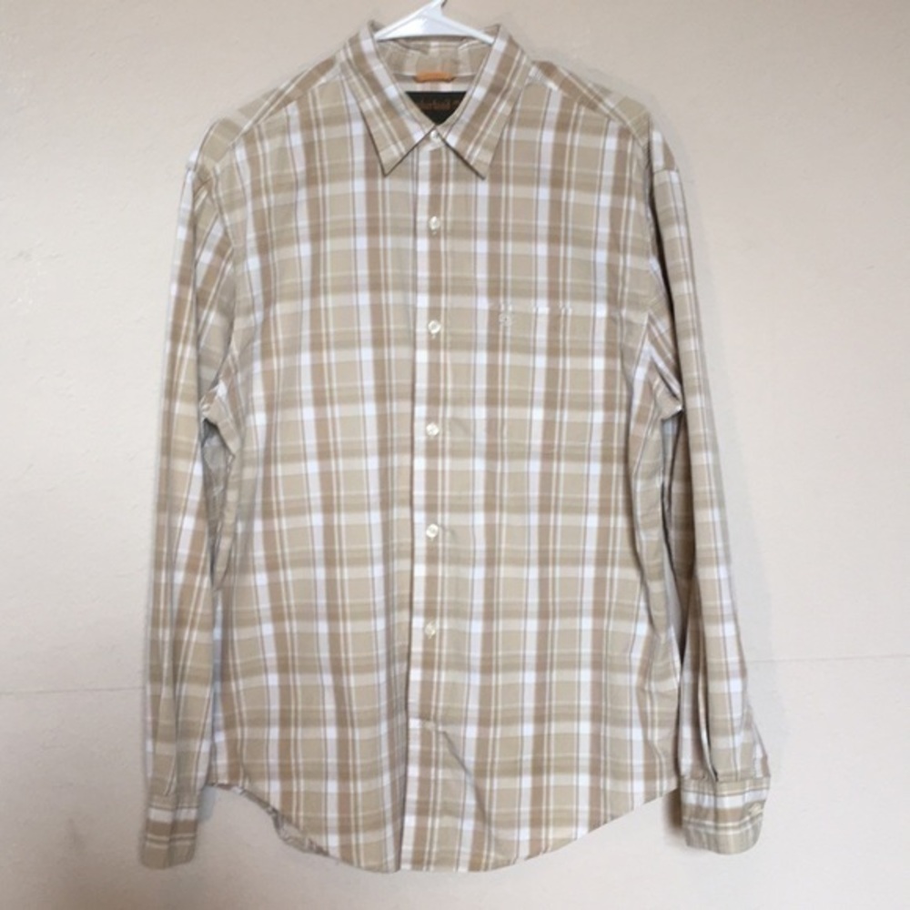 FINAL $ Timberland tan & white plaid LS shirt Sz M